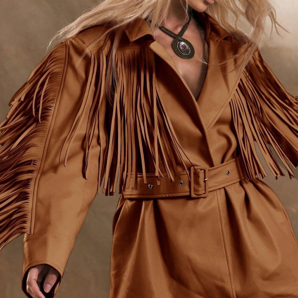 Brown Casual Women's Western Boho Fringe Jacket - Picture 5 of 5